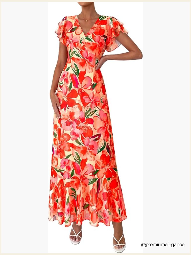 Summer Boho Ruffle Flowy Maxi Dress With Pockets